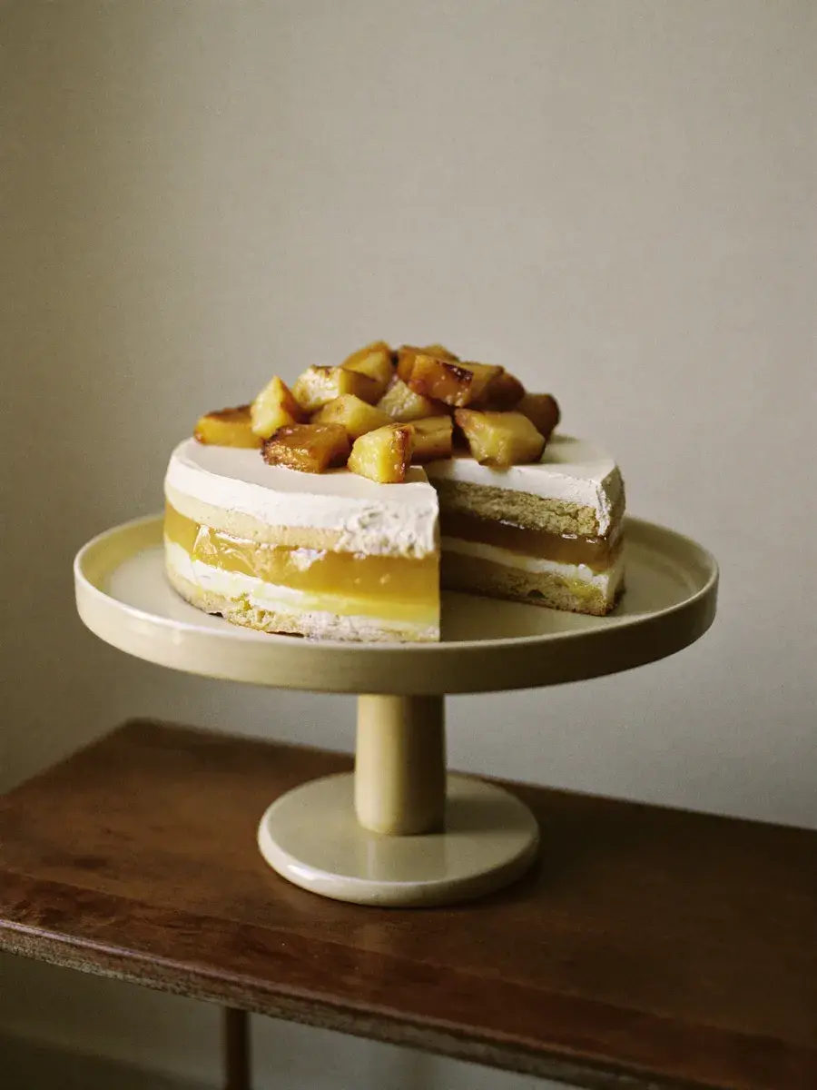 Periyar Pineapple — Fresh pineapple compote between layers of light vanilla sponge.