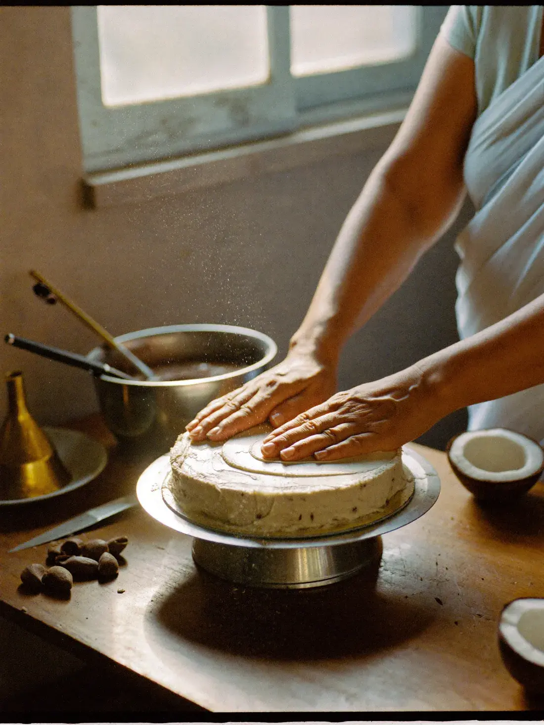 Angel smoothing buttercream on a cake in her Varapuzha kitchen